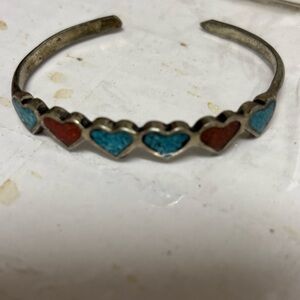 Heart Design Silver Bracelet with Turquoise and Red Accents